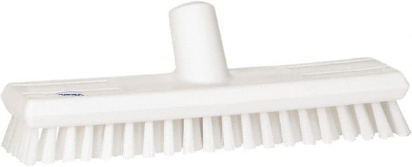 Vikan - 1" Bristle Length, Polyester Scrub Brush - 10-5/8" Long x 2-1/2" Wide Head, 11" OAL, European Threaded Handle, White, Polypropylene Block - Exact Tooling