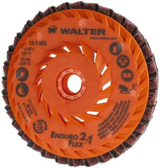 WALTER Surface Technologies - 150 Grit, 4-1/2" Disc Diam, 5/8-11 Center Hole, Type 27 Aluminum Oxide Flap Disc - 13,300 Max RPM, Plastic Backing, Arbor Attaching System, Coated & Non-Woven Combo - Exact Tooling