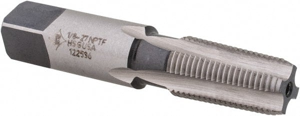 Made in USA - 1/8-27 NPTF Thread, 4 Flute Standard Pipe Tap - 2-1/8" OAL, 3/4" Thread Length, 7/16" Shank Diam, Bright Finish, High Speed Steel - Exact Tooling