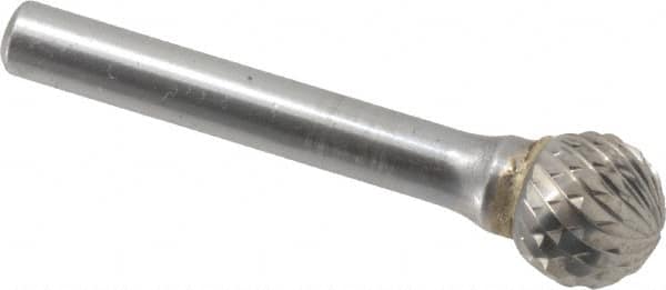 SGS Pro - 1/2" Cut Diam, 1/4" Shank Diam, Ball Head Double Cut Burr - Carbide, Radius End, 7/16" LOC, 2-3/16" OAL - Exact Tooling