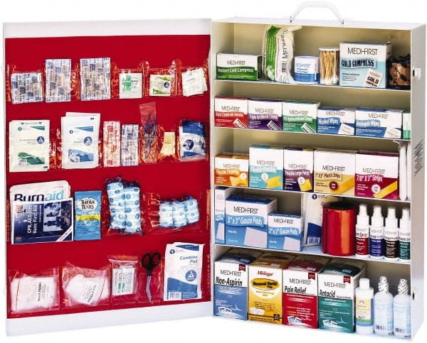 Medique - 1,500 Piece, 150 Person, Industrial First Aid Kit - 19-1/4" Wide x 28-1/2" Deep x 6" High, Metal Cabinet - Exact Tooling