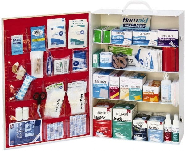 Medique - 1,300 Piece, 125 Person, Industrial First Aid Kit - 15-1/4" Wide x 22-1/4" Deep x 5-1/2" High, Metal Cabinet - Exact Tooling