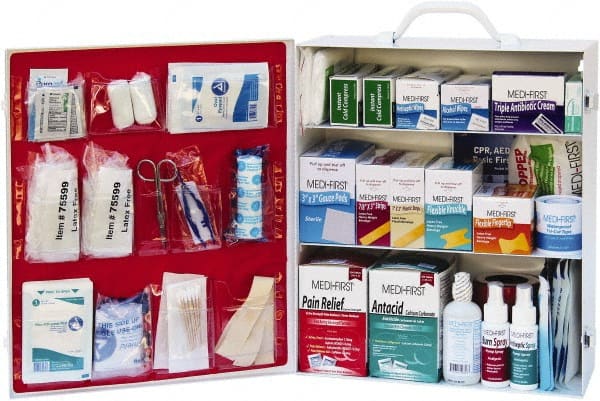 Medique - 1,100 Piece, 100 Person, Industrial First Aid Kit - 13-3/4" Wide x 16-1/4" Deep x 5-1/2" High, Metal Cabinet - Exact Tooling