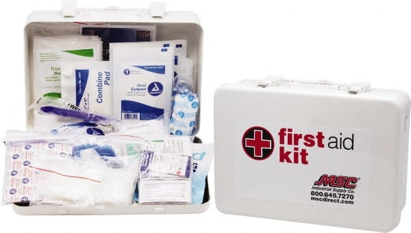Medique - 100 Piece, 10 Person, Industrial First Aid Kit - 11" Wide x 7-1/2" Deep x 2-1/2" High, Metal Case - Exact Tooling