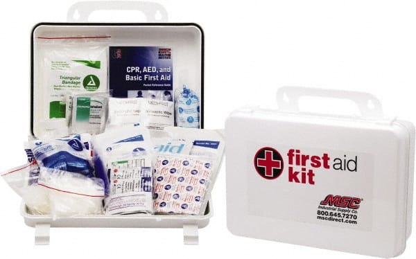 Medique - 100 Piece, 10 Person, Industrial First Aid Kit - 9-1/4" Wide x 6-3/4" Deep x 3" High, Plastic Case - Exact Tooling