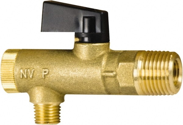 PRO-SOURCE - 1/2" Pipe, NPT Port, Brass Filter Ball Valve - Inline - One Way Flow, MNPT x FNPT Ends, Wedge Handle, 725 WOG - Exact Tooling