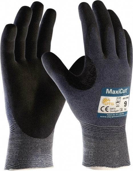 ATG - Size XS (6), ANSI Cut Lvl A3, Puncture Lvl 2, Abrasion Lvl 4, Nitrile Coated Nylon/Spandex Cut Resistant Gloves - Palm & Fingers Coated, Knit Wrist, Blue/Black, Paired - Exact Tooling
