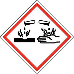 NMC - Hazardous Materials Label, Header: Corrosive Warning - Legend: GHS - Graphic, English, Black & Red, 2" Long x 2" High, No Coating - Exact Tooling