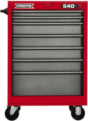 Proto - 7 Drawer Steel Tool Roller Cabinet - 27" Wide x 52" High x 18" Deep, Ball Bearing Drawer Slides, Safety Red/Gray - Exact Tooling