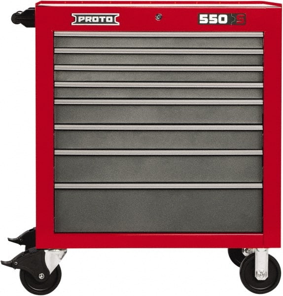 Proto - 8 Drawer 15,134 Lb Capacity Steel Tool Roller Cabinet - 34" Wide x 41" High x 25-1/4" Deep, Ball Bearing Drawer Slides, Safety Red/Gray - Exact Tooling