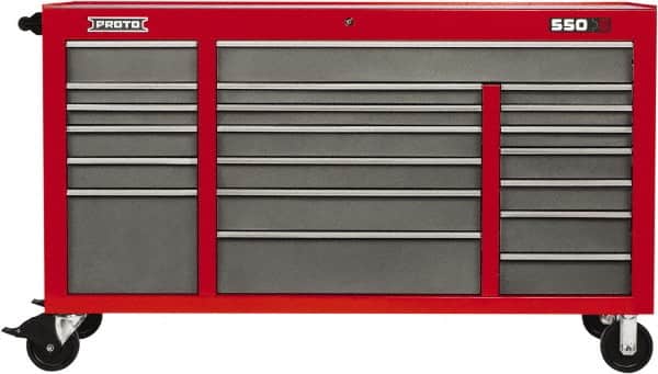 Proto - 20 Drawer Mobile Workstation - 67" Wide x 25-1/4" Deep x 41" High, Steel, Safety Red & Gray - Exact Tooling