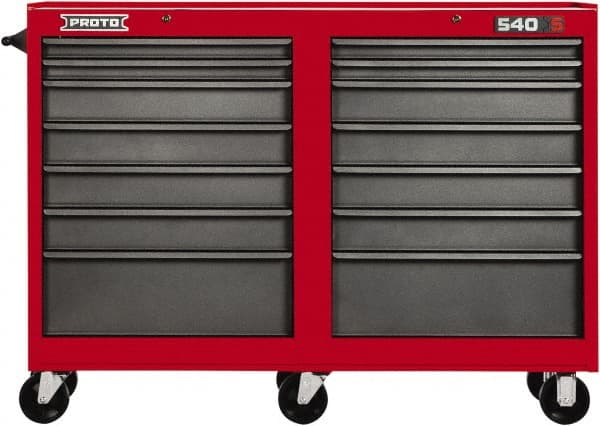 Proto - 14 Drawer Mobile Workstation - 54" Wide x 18" Deep x 42" High, Steel, Safety Red & Gray - Exact Tooling