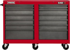 Proto - 14 Drawer Mobile Workstation - 54" Wide x 18" Deep x 42" High, Steel, Safety Red & Gray - Exact Tooling