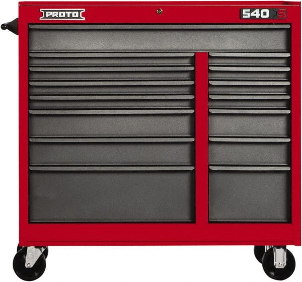 Proto - 15 Drawer Mobile Workstation - 41" Wide x 18" Deep x 42" High, Steel, Safety Red & Gray - Exact Tooling