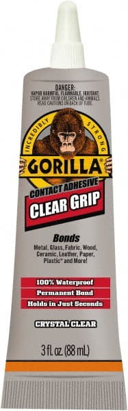 Gorilla Glue - 3 oz Tube Clear Contact Adhesive - 1 to 5 min Working Time, 24 hr Full Cure Time, Bonds to Masonry, Ceramic, Concrete, Fabric, Glass, Leather, Metal, Paper, Rubber, Velcro & Wood - Exact Tooling