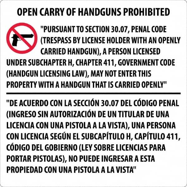 NMC - "Open Carry of Handguns Prohibited", 30" Long x 30" Wide, Aluminum Safety Sign - Square, 0.118" Thick, Use for Accident Prevention - Exact Tooling