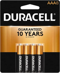 Duracell - Size AAA, Alkaline, 8 Pack, Standard Battery - 1.5 Volts, Button Tab Terminal, LR03, ANSI 24A Regulated - Exact Tooling