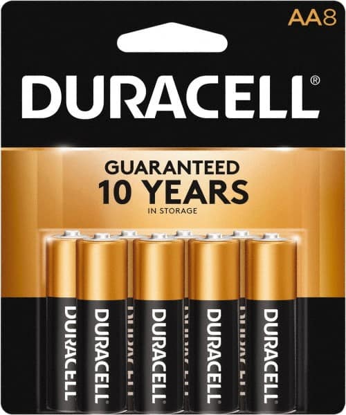 Duracell - Size AA, Alkaline, 8 Pack, Standard Battery - 1.5 Volts, Button Tab Terminal, LR6, ANSI 15A Regulated - Exact Tooling