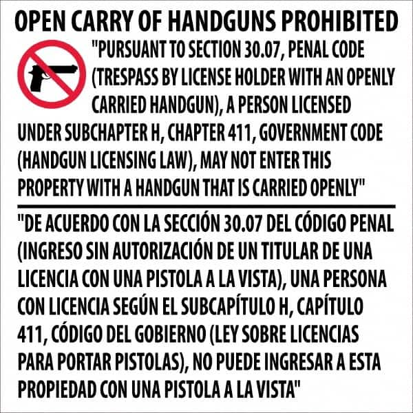 NMC - "Open Carry of Handguns Prohibited", 24" Long x 24" Wide, Pressure-Sensitive Vinyl Safety Sign - Rectangle, Use for Accident Prevention - Exact Tooling