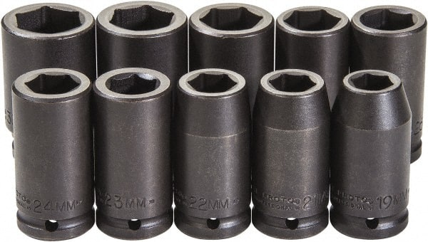 Proto - 10 Piece 3/4" Drive Black Finish Deep Well Impact Socket Set - 6 Points, 19mm to 33mm Range, Metric Measurement Standard - Exact Tooling