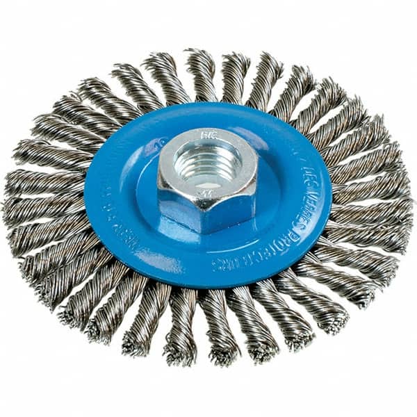 WALTER Surface Technologies - 4" OD, 5/8-11 Arbor Hole, Stringer Bead Stainless Steel Wheel Brush - 3/16" Face Width, 0.02" Filament Diam, 20,000 RPM - Exact Tooling