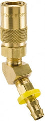 Parker - Nonthreaded Brass Hydraulic Hose Push-Lok Hose Barb Coupler & 45° Fitting - 200 psi, 6 GPM, 3/8" Hose Diam, Series Moldmate - Exact Tooling