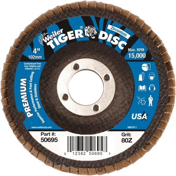 Weiler - 80 Grit, 4" Disc Diam, 5/8" Center Hole, Type 27 Zirconia Alumina Flap Disc - 15,000 Max RPM, Phenolic Backing, Arbor Attaching System, Coated - Exact Tooling