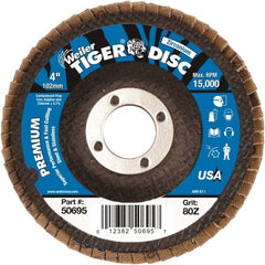 Weiler - 80 Grit, 4" Disc Diam, 5/8" Center Hole, Type 27 Zirconia Alumina Flap Disc - 15,000 Max RPM, Phenolic Backing, Arbor Attaching System, Coated - Exact Tooling