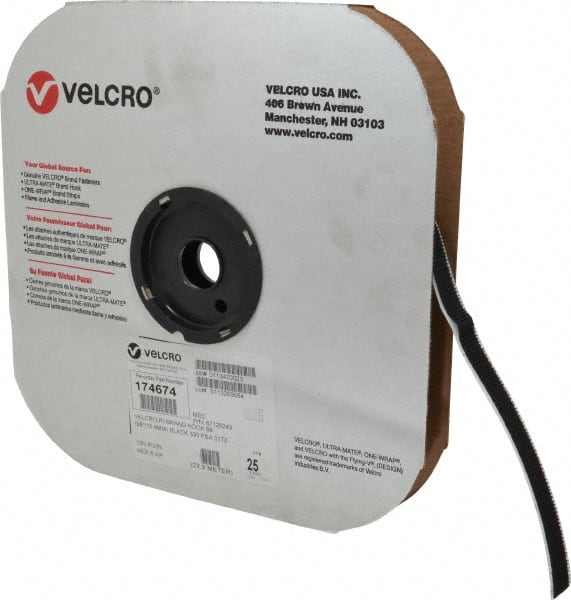 VELCRO Brand - 5/8" Wide x 25 Yd Long Adhesive Backed Hook Roll - Continuous Roll, Black - Exact Tooling