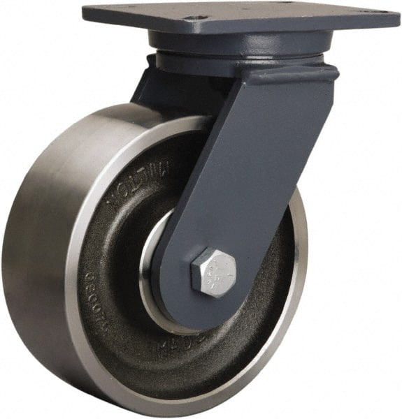 Hamilton - 8" Diam x 3" Wide x 10-1/2" OAH Top Plate Mount Swivel Caster - Forged Steel, 3,500 Lb Capacity, Precision Ball Bearing, 5-1/4 x 7-1/4" Plate - Exact Tooling