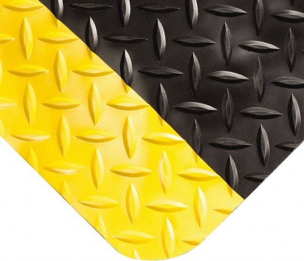 Wearwell - 52' Long x 4' Wide, Dry Environment, Anti-Fatigue Matting - Black with Yellow Borders, Vinyl with Nitrile Blend Base, Beveled on 4 Sides - Exact Tooling