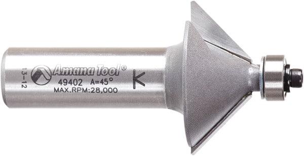 Amana Tool - 1-1/4" Cut Diam, 1/2" Length of Cut, 2 Flute Chamfer Edge Profile Router Bit - Carbide-Tipped, 1/2" Shank Diam, 2-3/8" OAL, Uncoated - Exact Tooling