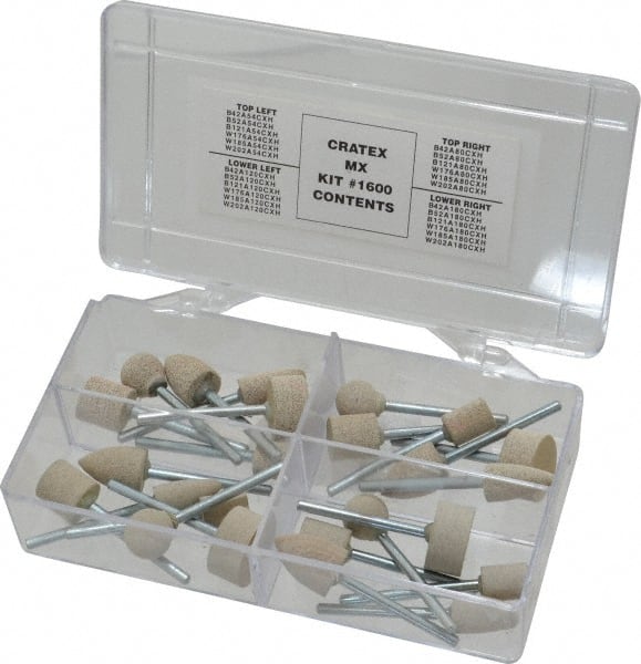 Cratex - 28 Piece Rubber Mounted Abrasive Wheel Set - Includes Shapes B121, B42, B52, W176, W185 & W202 - Exact Tooling