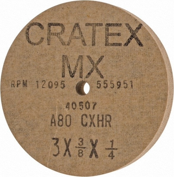 Cratex - 3" Diam x 1/4" Hole x 3/8" Thick, 80 Grit Surface Grinding Wheel - Aluminum Oxide, Type 1, Medium Grade, 12,095 Max RPM, No Recess - Exact Tooling