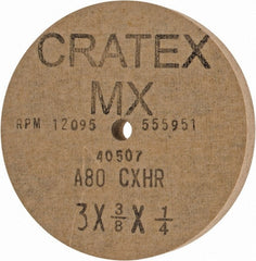 Cratex - 3" Diam x 1/4" Hole x 3/8" Thick, 80 Grit Surface Grinding Wheel - Aluminum Oxide, Type 1, Medium Grade, 12,095 Max RPM, No Recess - Exact Tooling