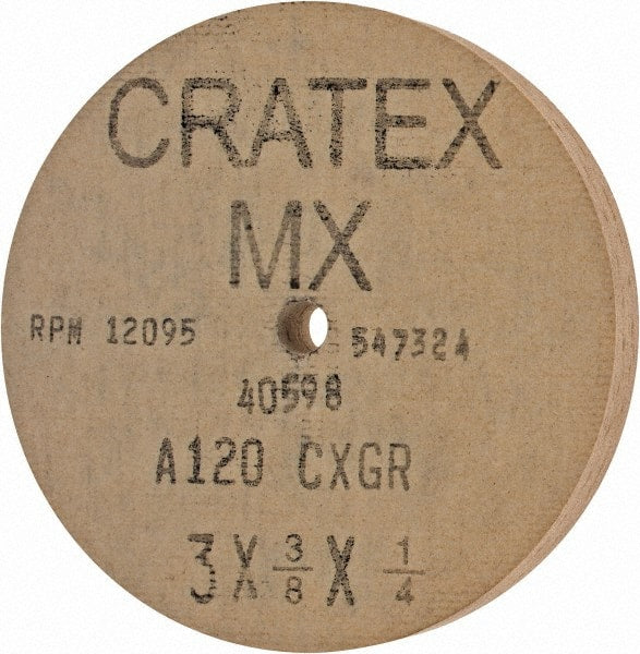 Cratex - 3" Diam x 1/4" Hole x 3/8" Thick, 120 Grit Surface Grinding Wheel - Aluminum Oxide, Type 1, Fine Grade, 12,095 Max RPM, No Recess - Exact Tooling