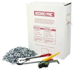 Value Collection - 9,000 Inch Long x 1/2 Inch Wide x 0.015 Inch Thick, Heavy Duty Polyproylene Strapping Kit - 400 Lbs Tensile Strength, Contains Self Dispensing Box, White Polypropylene Strapping, 1000 Seals, Tensioner Tool and Crimper Tool - Exact Tooling