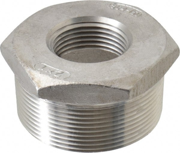 Merit Brass - 2 x 1" Grade 304 Stainless Steel Pipe Hex Bushing - MNPT x FNPT End Connections, 150 psi - Exact Tooling