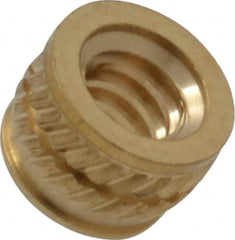 E-Z LOK - #6-32, 0.199" Small to 0.206" Large End Hole Diam, Brass Single Vane Tapered Hole Threaded Insert - 0.22" Insert, 0.203" Pilot Diam, 0.15" OAL, 0.116" Min Wall Thickness - Exact Tooling