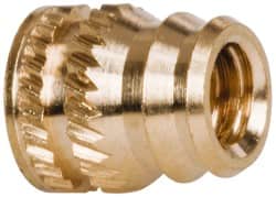 E-Z LOK - #6-32, 0.185" Small to 0.206" Large End Hole Diam, Brass Double Vane Tapered Hole Threaded Insert - 0.22" Insert, 0.19" Pilot Diam, 1/4" OAL, 0.116" Min Wall Thickness - Exact Tooling