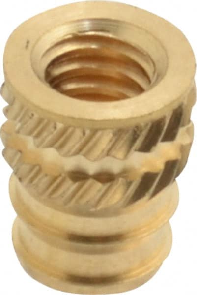 E-Z LOK - #8-32, 0.208" Small to 0.234" Large End Hole Diam, Brass Double Vane Tapered Hole Threaded Insert - 1/4" Insert, 0.212" Pilot Diam, 5/16" OAL, 0.133" Min Wall Thickness - Exact Tooling