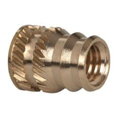 E-Z LOK - #10-32, 0.246" Small to 0.277" Large End Hole Diam, Brass Double Vane Tapered Hole Threaded Insert - 19/64" Insert, 1/4" Pilot Diam, 3/8" OAL, 0.159" Min Wall Thickness - Exact Tooling