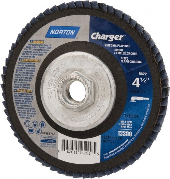 Norton - 24 Grit, 4-1/2" Disc Diam, 5/8-11 Center Hole, Type 29 Zirconia Alumina Flap Disc - 13,000 Max RPM, Fiberglass Backing, Coated - Exact Tooling