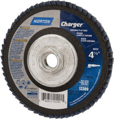 Norton - 24 Grit, 4-1/2" Disc Diam, 5/8-11 Center Hole, Type 29 Zirconia Alumina Flap Disc - 13,000 Max RPM, Fiberglass Backing, Coated - Exact Tooling