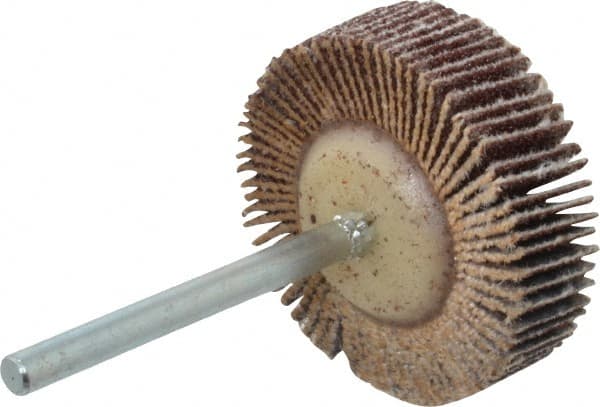 Merit Abrasives - 1-3/16" Diam x 3/8" Face Width, Medium Aluminum Oxide Coated Mounted Flap Wheel - 1/8" Shank Mount, 80 Grit, Cloth Backing, 30,000 Max RPM - Exact Tooling