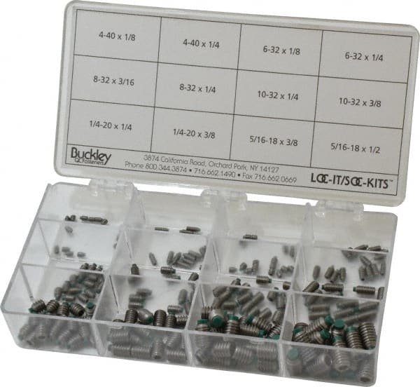 Made in USA - 210 Piece, #4-40 to 5/16-18, Stainless Steel Set Screw Assortment - Hex Head, Hex Socket Drive, 1/8 to 1/2" Long, Grade 303 - Exact Tooling