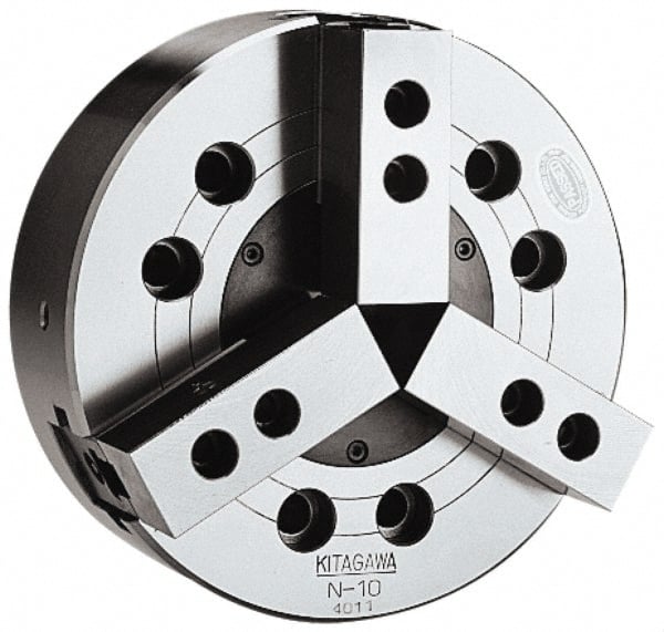 Kitagawa - 3 Jaws, 8" Chuck Diam, Plain Back Mount, Drawbar, Air, Hydraulic Power Lathe Chuck - 16,826 Lb Force per Jaw, 1.5mm x 60 Serrated Jaw Interface, 23mm to 210mm Jaw Capacity, 4,760 RPM, Steel Body - Exact Tooling