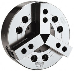 Kitagawa - 3 Jaws, 8" Chuck Diam, Plain Back Mount, Drawbar, Air, Hydraulic Power Lathe Chuck - 16,826 Lb Force per Jaw, 1.5mm x 60 Serrated Jaw Interface, 23mm to 210mm Jaw Capacity, 4,760 RPM, Steel Body - Exact Tooling