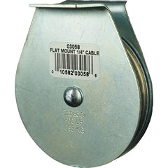 Block Division - 800 Lbs. Load Limit, Flat Standard Block - Upright Mount, Single Sheave, 3 Inch Outside Diameter, Wire Rope, 1/4 Inch Diameter, Eye, 7/8 Inch Inside Diameter, Carbon Steel, Zinc Plated Finish - Exact Tooling