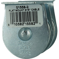 Block Division - 525 Lbs. Load Limit, Flat Standard Block - Upright Mount, Double Sheave, 1-1/2 Inch Outside Diameter, Wire Rope, 3/16 Inch Diameter, Eye, 5/8 Inch Inside Diameter, Carbon Steel, Zinc Plated Finish - Exact Tooling